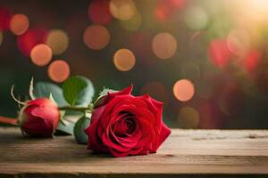 un rojo Rosa en un de madera mesa con un bokeh antecedentes. generado por ai foto