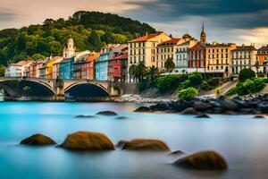 colorful buildings line the shore of a river. AI-Generated photo