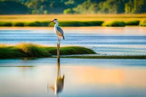 a bird stands on a post in the water. AI-Generated photo