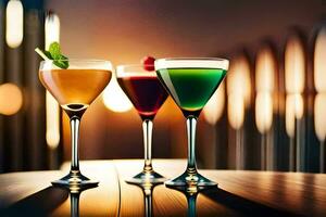 three different colored cocktails sit on a table. AI-Generated photo
