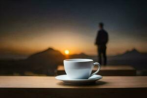 a coffee cup sits on a table with a man standing in the background. AI-Generated photo