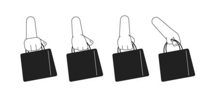 Shopping monochrome flat vector hands set. Holding paper bag with purchases. Editable black and white thin line icon. Simple cartoon clip art spot illustration for web graphic design