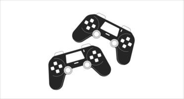 Controller joystick black and white lofi wallpaper. Retro game consoles 2D outline objects cartoon flat illustration. Playing together. Two players gamepads vector line lo fi aesthetic background