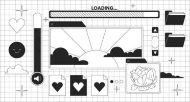 ordenador personal retro y2k escritorio negro y blanco lofi fondo de pantalla. nostálgico computadora interfaz 2d contorno escena dibujos animados plano ilustración. subir archivos. luz solar, peonía vector línea lo fi estético antecedentes