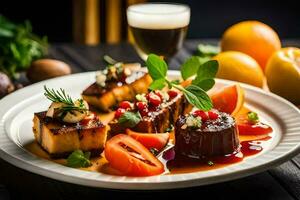 un plato de comida con carne, vegetales y fruta. generado por ai foto