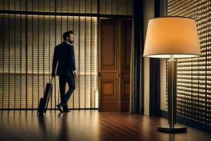 un hombre en un traje es caminando mediante un habitación con un lámpara. generado por ai foto