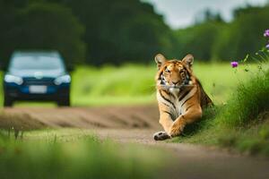 un Tigre es caminando en el la carretera siguiente a un coche. generado por ai foto