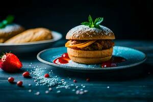 a hamburger with cheese and strawberries on a plate. AI-Generated photo