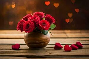 red roses in a vase on a wooden table with hearts. AI-Generated photo