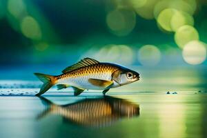 un pescado es en pie en el agua con un verde antecedentes. generado por ai foto