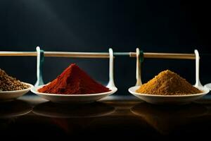 a row of different spices in bowls. AI-Generated photo