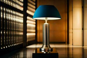 a lamp with a blue shade on top of a tall metal table. AI-Generated photo