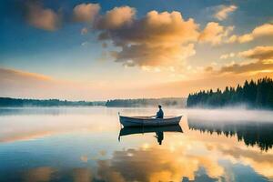 man in a boat on a lake at sunrise. AI-Generated photo