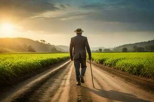 un hombre en un traje camina abajo un suciedad la carretera. generado por ai foto