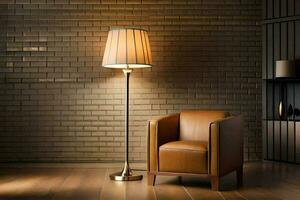 a chair and lamp in a room with brick walls. AI-Generated photo