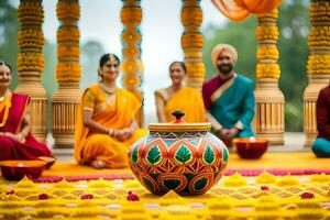 indian wedding ceremony with people in colorful outfits. AI-Generated photo