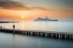 a man stands on a pier looking at a cruise ship. AI-Generated photo