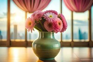 a vase with pink flowers sitting on a table in front of a window. AI-Generated photo