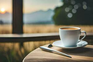 un taza de café en un mesa en frente de un ventana. generado por ai foto