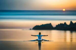 un mujer es practicando yoga en el Oceano a puesta de sol. generado por ai foto