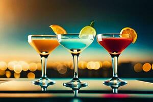 three different colored cocktails on a table. AI-Generated photo