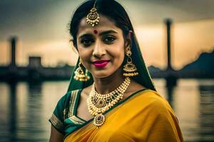 a beautiful indian woman wearing jewelry and a sari. AI-Generated photo