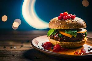 a hamburger with berries and cheese on a plate. AI-Generated photo