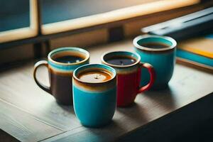 Tres café tazas en un mesa. generado por ai foto