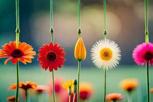 colorful flowers hanging from strings in a field. AI-Generated photo