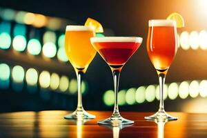 three different types of alcoholic drinks on a table. AI-Generated photo