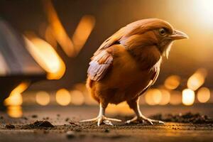 un pequeño marrón pájaro es en pie en el suelo. generado por ai foto