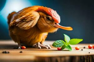 un pollo con rojo plumas y hojas en un de madera mesa. generado por ai foto