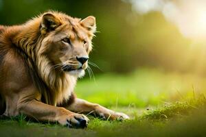 a lion is sitting on the grass in the sun. AI-Generated photo