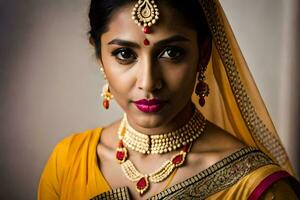 a beautiful indian woman wearing a yellow sari. AI-Generated photo