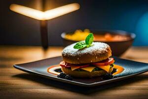 un hamburguesa con queso y tomate en un negro lámina. generado por ai foto