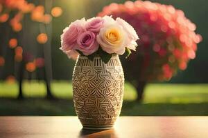 a vase with pink and yellow roses sitting on a table. AI-Generated photo