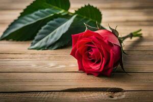 a single red rose laying on a wooden table. AI-Generated photo