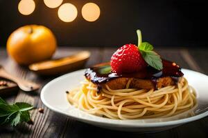 spaghetti with strawberry sauce and basil leaves on a plate. AI-Generated photo