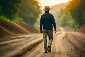 un hombre en un sombrero camina abajo un suciedad la carretera. generado por ai foto