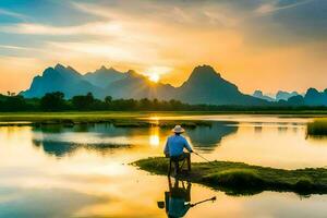 a man sits on a boat in front of a mountain lake at sunset. AI-Generated photo