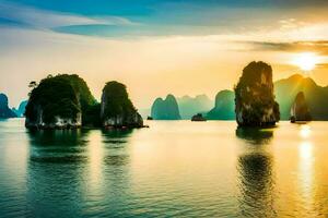 el Dom conjuntos terminado el agua en halong bahía, Vietnam. generado por ai foto