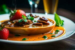 a plate of food with a strawberry and a glass of wine. AI-Generated photo