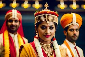 a bride and groom in traditional indian attire. AI-Generated photo