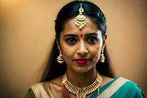 a beautiful indian woman wearing a sari and jewelry. AI-Generated photo