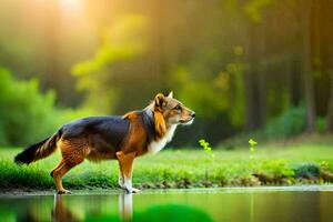 a dog standing on the edge of a pond. AI-Generated photo