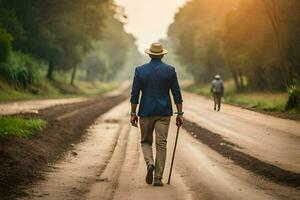 un hombre caminando abajo un suciedad la carretera con un caña. generado por ai foto