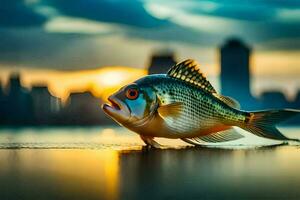 un pescado es en pie en el agua con un ciudad en el antecedentes. generado por ai foto