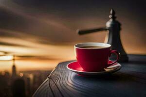 un taza de café en un de madera mesa con un ciudad en el antecedentes. generado por ai foto