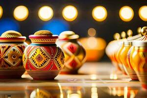 many colorful ceramic pots are lined up on a table. AI-Generated photo