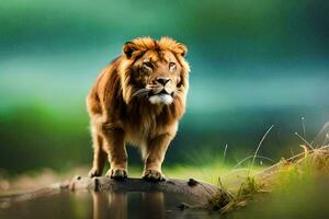 a lion stands on a log in the middle of a river. AI-Generated photo